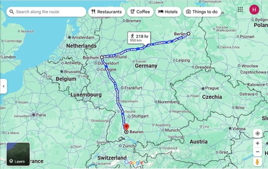 Die Route von Boiron nach Berlin auf der Karte.