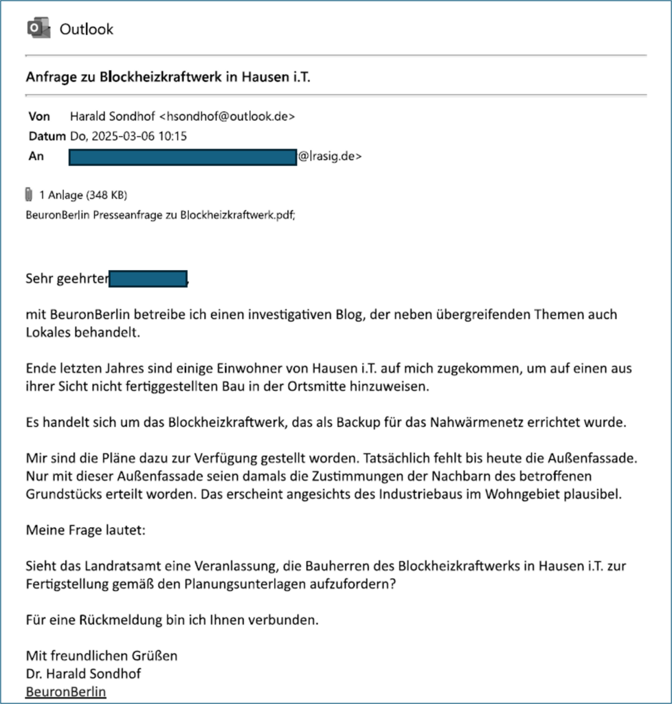 Presseanfrage BeuronBerlin an Landratsamt Sigmaringen