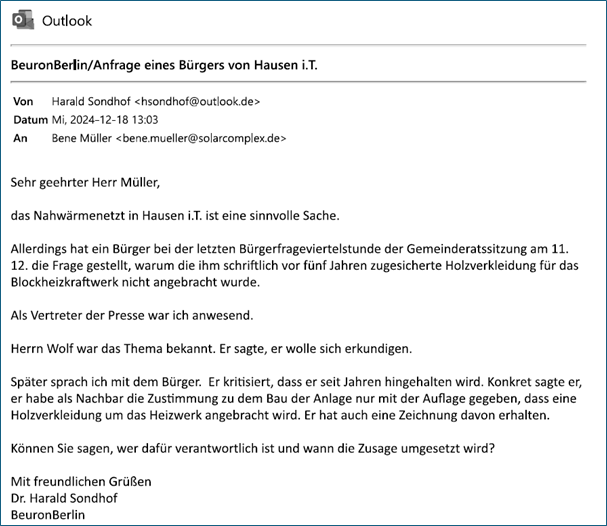 E-Mail an die Solarcomplex, die Blockheizkraftwerk betreibt