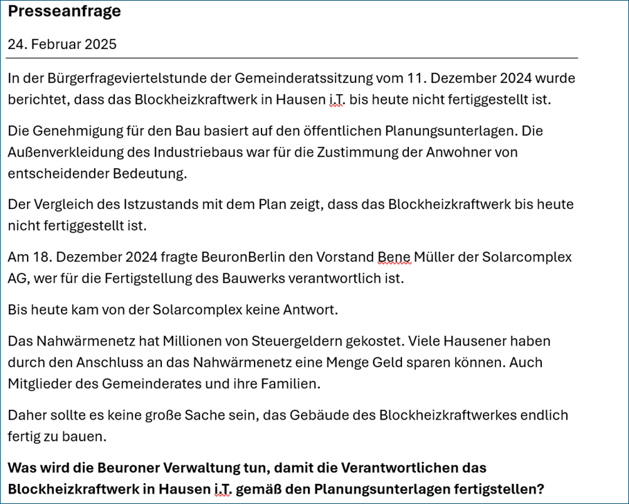 Presseanfrage Bürgermeister Beuron